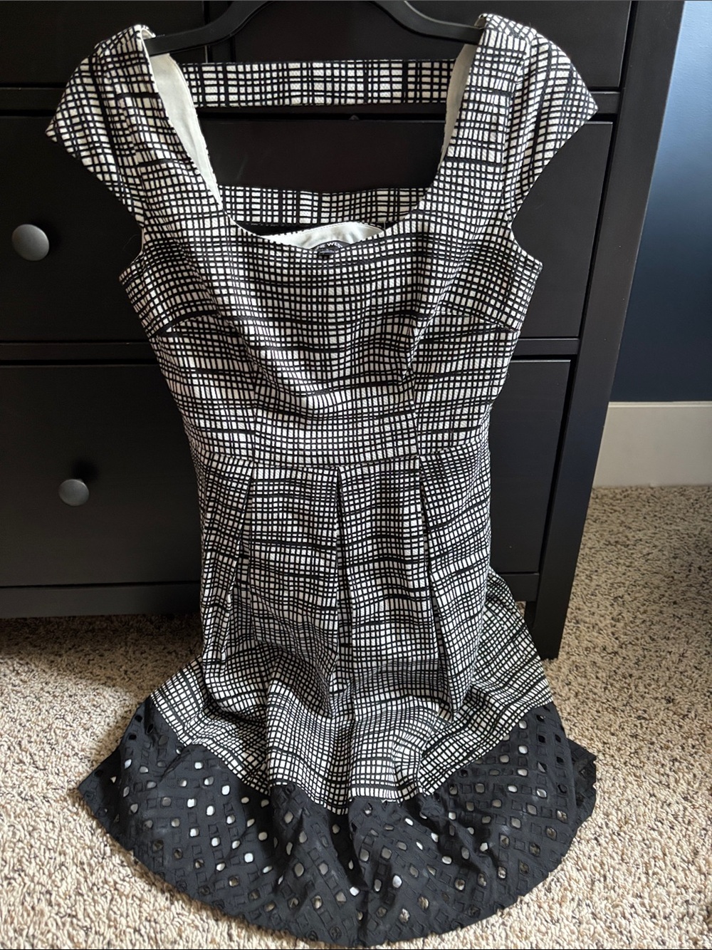 Nine West Black and White Grid Fit-and-Flare‎ Midi Dress
